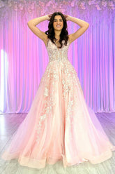 Dreamyannie Pink Prom Dress Floral A Line Corset Lace Formal Dress With Slit