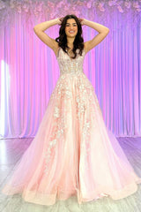 Dreamyannie Pink Prom Dress Floral A Line Corset Lace Formal Dress With Slit
