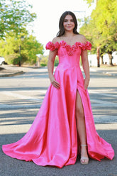 Dreamyannie Pink Prom Dress Floral A-Line Off The Shoulder Long Formal Dress With Slit