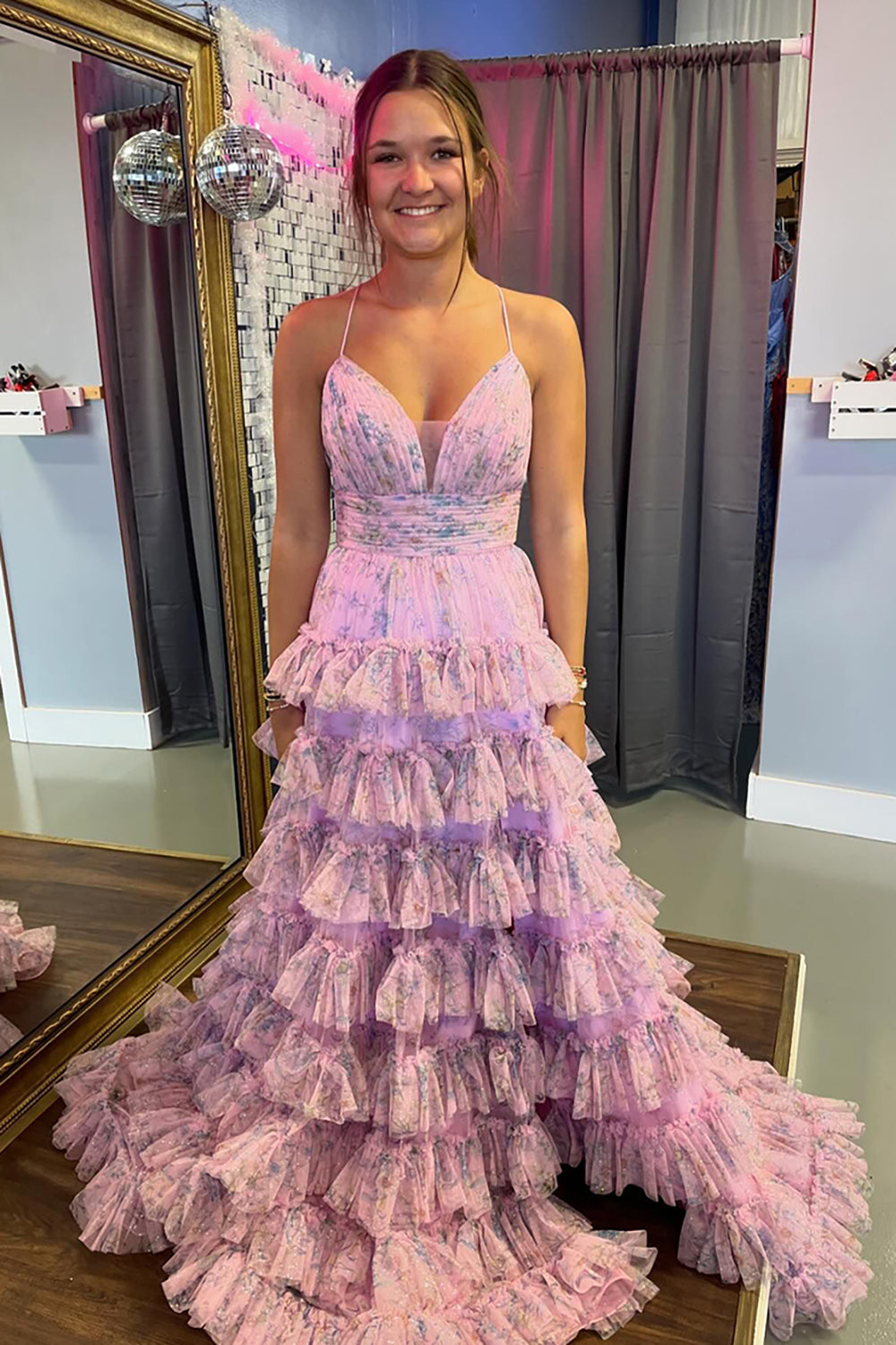 Dreamyannie Pink Prom Dress Floral Spaghetti Straps Long Formal Dress With Ruffles