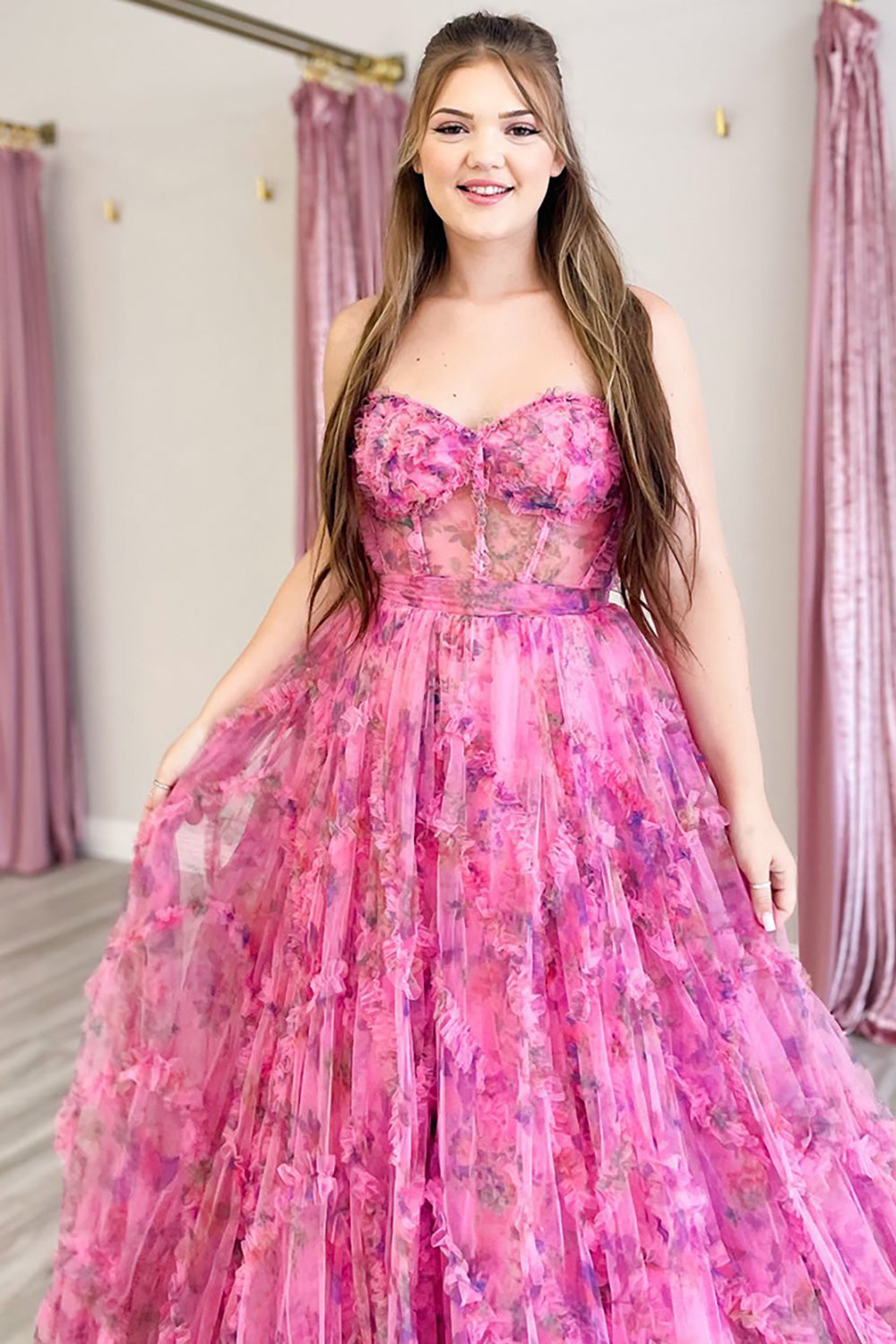 Dreamyannie Pink Prom Dress Floral Tulle A-Line Sweetheart Corset Long Formal Dress