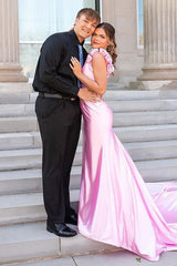 Dreamyannie Pink Prom Dress Floral V-Neck Satin Mermaid Long Formal Dress