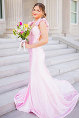 Dreamyannie Pink Prom Dress Floral V-Neck Satin Mermaid Long Formal Dress