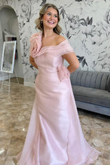 Dreamyannie Pink Prom Dress Flowers Mermaid Asymmetrical Neck Long Formal Dress