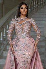 Dreamyannie Pink Prom Dress High Neck Long Sleeve Detachable Panel Train Formal Dress