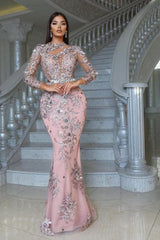 Dreamyannie Pink Prom Dress High Neck Long Sleeve Detachable Panel Train Formal Dress