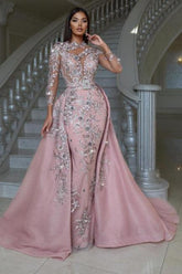 Dreamyannie Pink Prom Dress High Neck Long Sleeve Detachable Panel Train Formal Dress