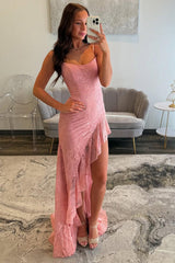 Dreamyannie Pink Prom Dress Lace Long Ruffled Formal Dress With Slit