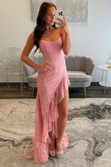 Dreamyannie Pink Prom Dress Lace Long Ruffled Formal Dress With Slit