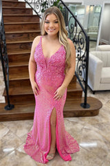 Dreamyannie Pink Prom Dress Long Lace Formal Dress With Slit