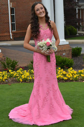 Dreamyannie Pink Prom Dress Mermaid Corset Long Lace Formal Dress