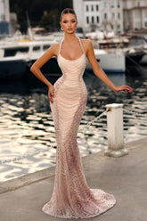 Dreamyannie Pink Prom Dress Mermaid Halter Strapless Sleeveless Beaded Pearls Formal Dress With Detachable Train