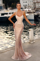 Dreamyannie Pink Prom Dress Mermaid Halter Strapless Sleeveless Beaded Pearls Formal Dress With Detachable Train
