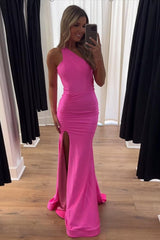 Dreamyannie Pink Prom Dress Mermaid One Shoulder Ruched Long Formal Dress With Slit