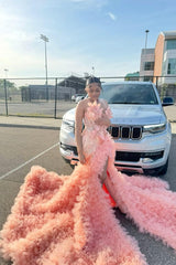 Dreamyannie Pink Prom Dress Mermaid Sleeveless Beading Pearls Formal Dress With Slit