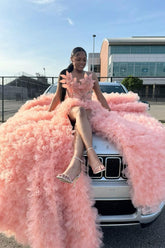 Dreamyannie Pink Prom Dress Mermaid Sleeveless Beading Pearls Formal Dress With Slit