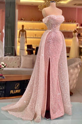 Dreamyannie Pink Prom Dress Mermaid Strapless Off The Shoulder Sequined Panel Train Tulle Formal Dress With Slit