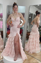 Dreamyannie Pink Prom Dress Mermaid Sweetheart Halter Spaghetti Strap Sleeveless Lace Tulle Slit Formal Dress