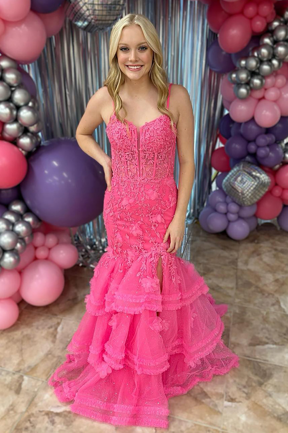Dreamyannie Pink Prom Dress Mermaid Tiered Spaghetti Straps Long Formal Dress With Slit