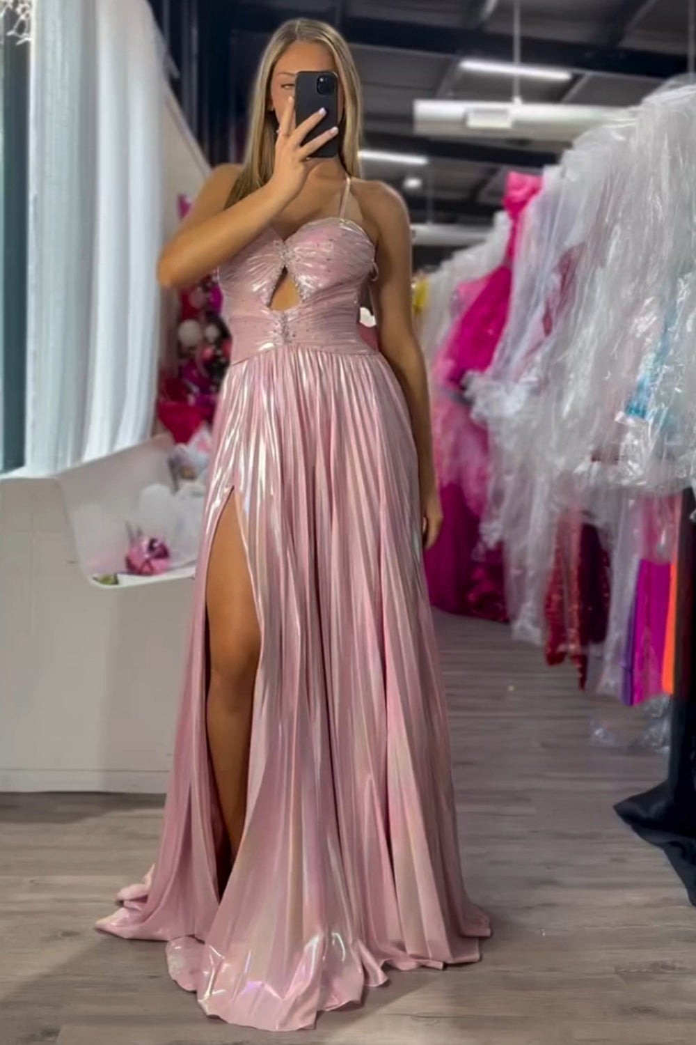 Dreamyannie Pink Prom Dress Metallic Pleated A-Line Long Formal Dress With Slit