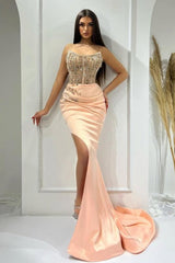 Dreamyannie Pink Prom Dress Sleeveless Beaded Satin Slit Panel Train Formal Dress With Rhinestones