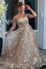 Dreamyannie Pink Prom Dress Strapless A Line Beaded Lace Up Tulle Formal Dress With Appliques