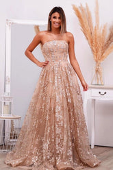 Dreamyannie Pink Prom Dress Strapless A Line Beaded Lace Up Tulle Formal Dress With Appliques