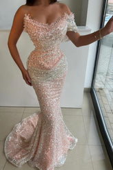 Dreamyannie Pink Prom Dress Strapless Mermaid Beaded Sequined Sleeveless Formal Dress With Pearls