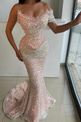 Dreamyannie Pink Prom Dress Strapless Mermaid Beaded Sequined Sleeveless Formal Dress With Pearls