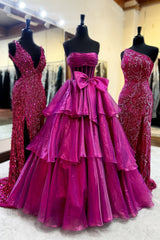 Dreamyannie Pink Prom Dress Strapless Ruffled Long Formal Dress With Bow