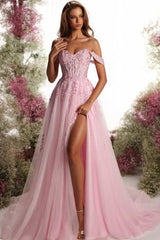 Dreamyannie Pink Prom Dress Sweetheart Off The Shoulder A Line Sleeveless Slit Tulle Formal Dress With Appliques