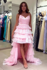 Dreamyannie Pink Prom Dress Tiered A-Line Strapless Long Formal Dress