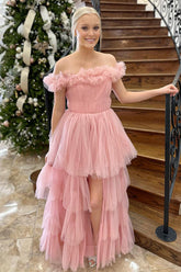 Dreamyannie Pink Prom Dress Tulle Ruffled Off The Shoulder Formal Dress With Slit