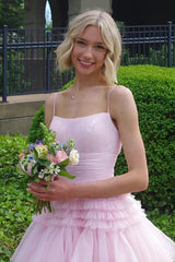 Dreamyannie Pink Prom Dress Tulle Tiered A-Line Spaghetti Straps Long Formal Dress