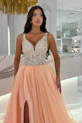 Dreamyannie Pink Prom Dress V Neck A Line Beaded Sleeveless Slit Tulle Formal Dress With Rhinestone