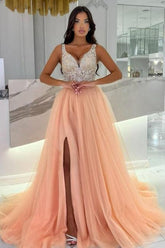 Dreamyannie Pink Prom Dress V Neck A Line Beaded Sleeveless Slit Tulle Formal Dress With Rhinestone