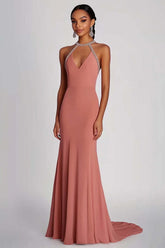 Dreamyannie Pink Wedding Guest Dress Halter Neck Sheath Long Formal Dress With Beading