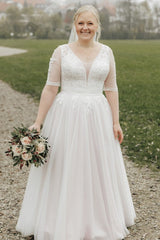 Dreamyannie Plus Size Beach Wedding Dress Half Sleeve A Line Lace Bridal Gown