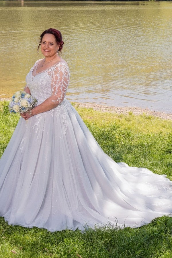 Dreamyannie Plus Size Wedding Dress 3/4 Sleeve A Line Tulle Bridal Gown with Lace Appliques
