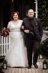 Dreamyannie Plus Size Wedding Dress 3/4 Sleeve Tulle Mermaid Bridal Gown with Lace Appliques