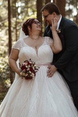 Dreamyannie Plus Size Wedding Dress V Neck Sparkly Cap Sleeve A Line Bridal Gown