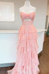 Dreamyannie Princess Blush Prom Dress Sweetheart Ruffled Long Formal Dress With Slit