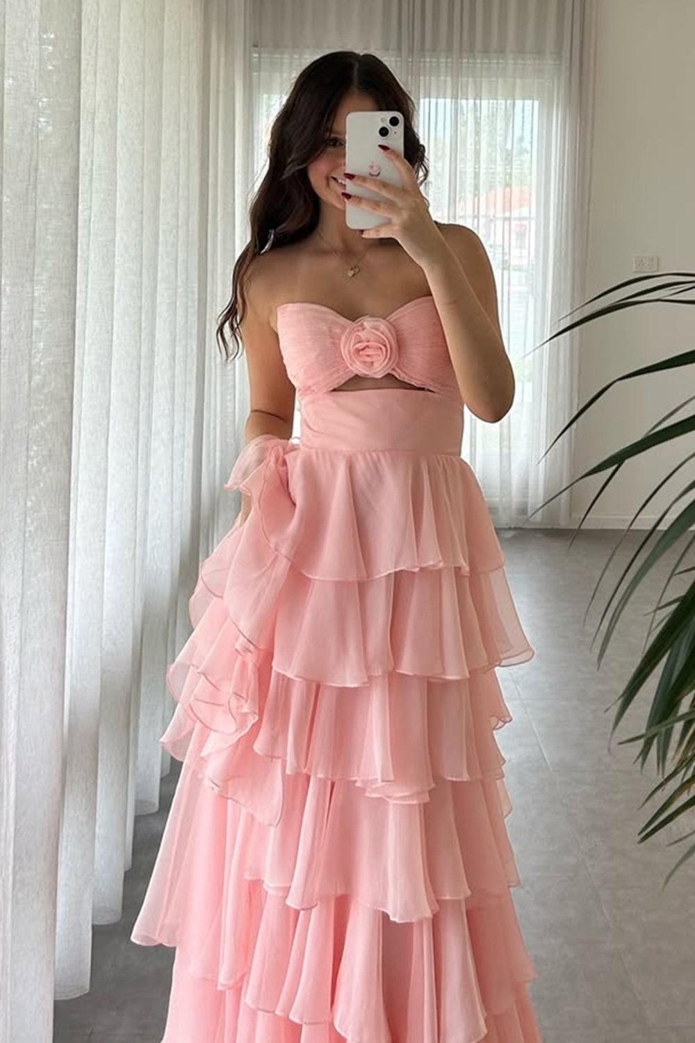 Dreamyannie Princess Blush Prom Dress Sweetheart Ruffled Long Formal Dress With Slit