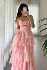 Dreamyannie Princess Blush Prom Dress Sweetheart Ruffled Long Formal Dress With Slit