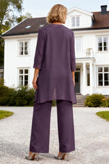 Dreamyannie Purple Chiffon Appliqued 3 Piece Mother Of The Bride Pant Suits With Jacket