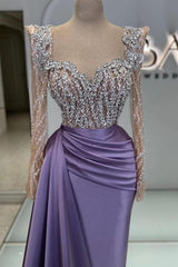 Dreamyannie Purple Prom Dress Beading Lace Sequined Formal Dress With Sleeves