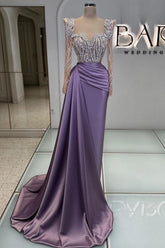 Dreamyannie Purple Prom Dress Beading Lace Sequined Formal Dress With Sleeves