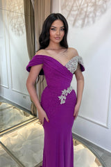 Dreamyannie Purple Prom Dress Column V Neck Off The Shoulder Beaded Sleeveless Tulle Formal Dress With Rhinestone