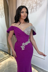 Dreamyannie Purple Prom Dress Column V Neck Off The Shoulder Beaded Sleeveless Tulle Formal Dress With Rhinestone
