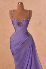 Dreamyannie Purple Prom Dress Mermaid Sweetheart Spaghetti Strap Beaded Sleeveless Chiffon Formal Dress